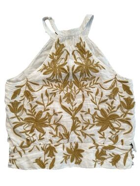 Anthropologie White Halter Top with Gold Floral Embroidery